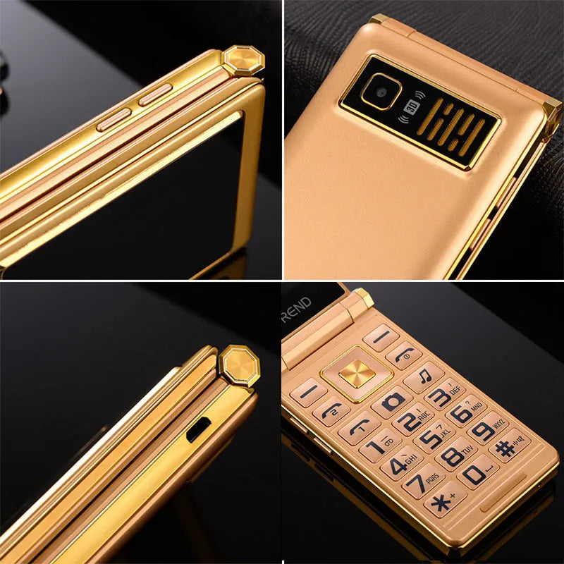 A15 dual screen flip phone for elderly users in black showing both internal touch screen and external display