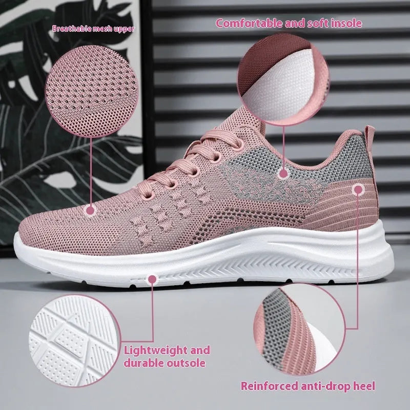 Women's low-top black mesh sneakers with lace-up front and round toe on a soft PVC sole.