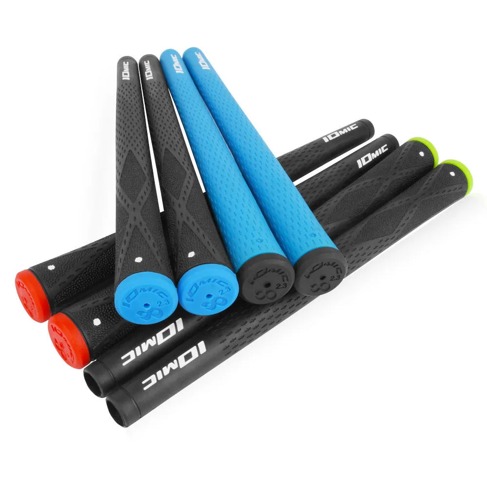 TPE golf club grip in assorted colours including pink, red, and black with blue head on a club shaft.