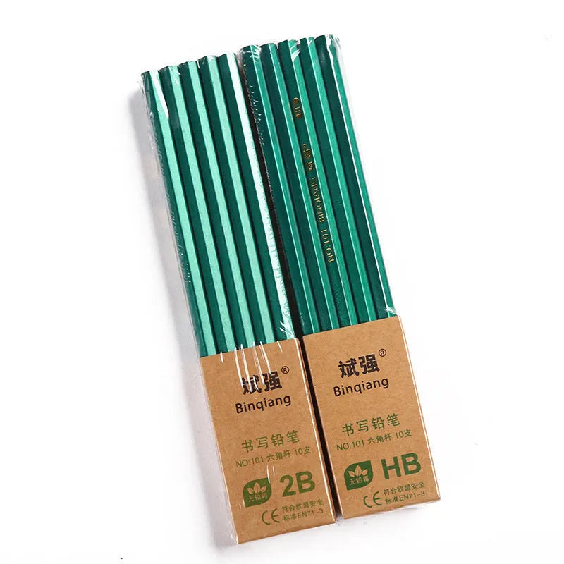 Green Rod hexagonal wooden pencil 10-pack box showing HB and 2B graphite grades