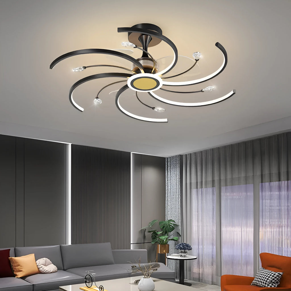 Black gold iron ceiling fan lamp with LED light, remote control, 68CM to 108CM size options