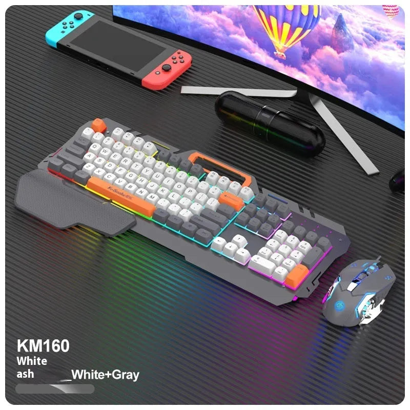 Blue wired gaming keyboard and mouse combo with RGB backlighting on desk