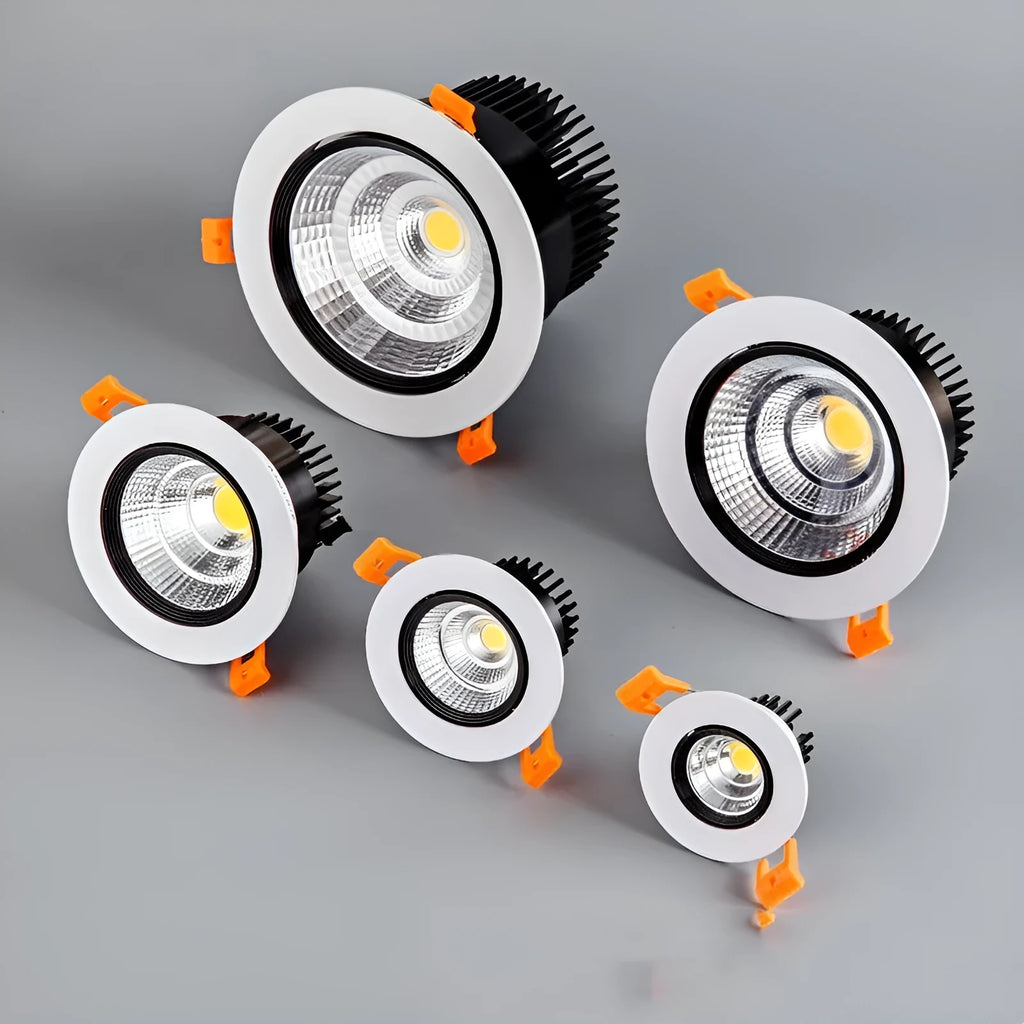 Modern aluminium recessed LED ceiling spotlight with anti-glare design, shown in white and black trim finishes.