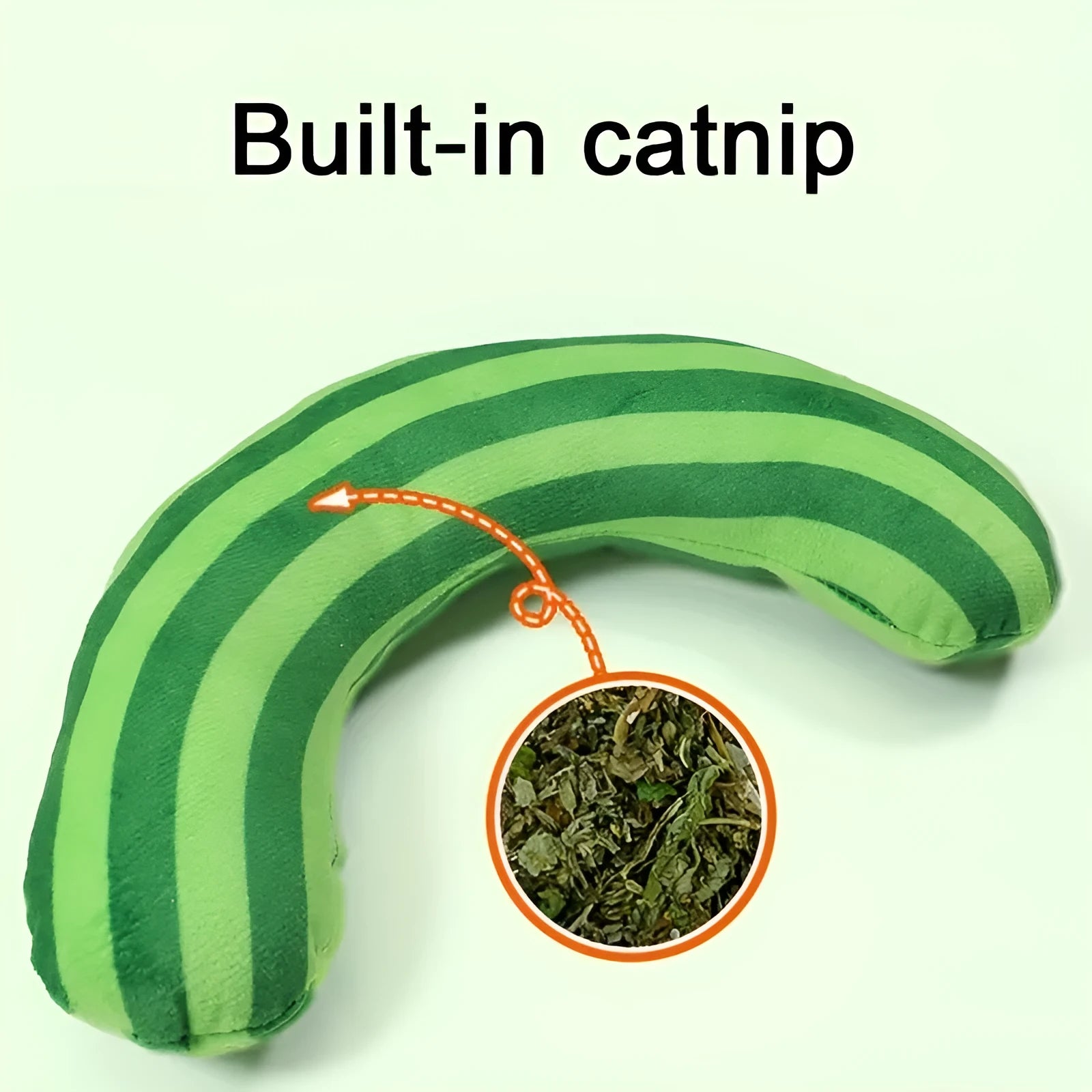 Green and yellow striped cat pillow beside a mouse-shaped noise toy with catnip