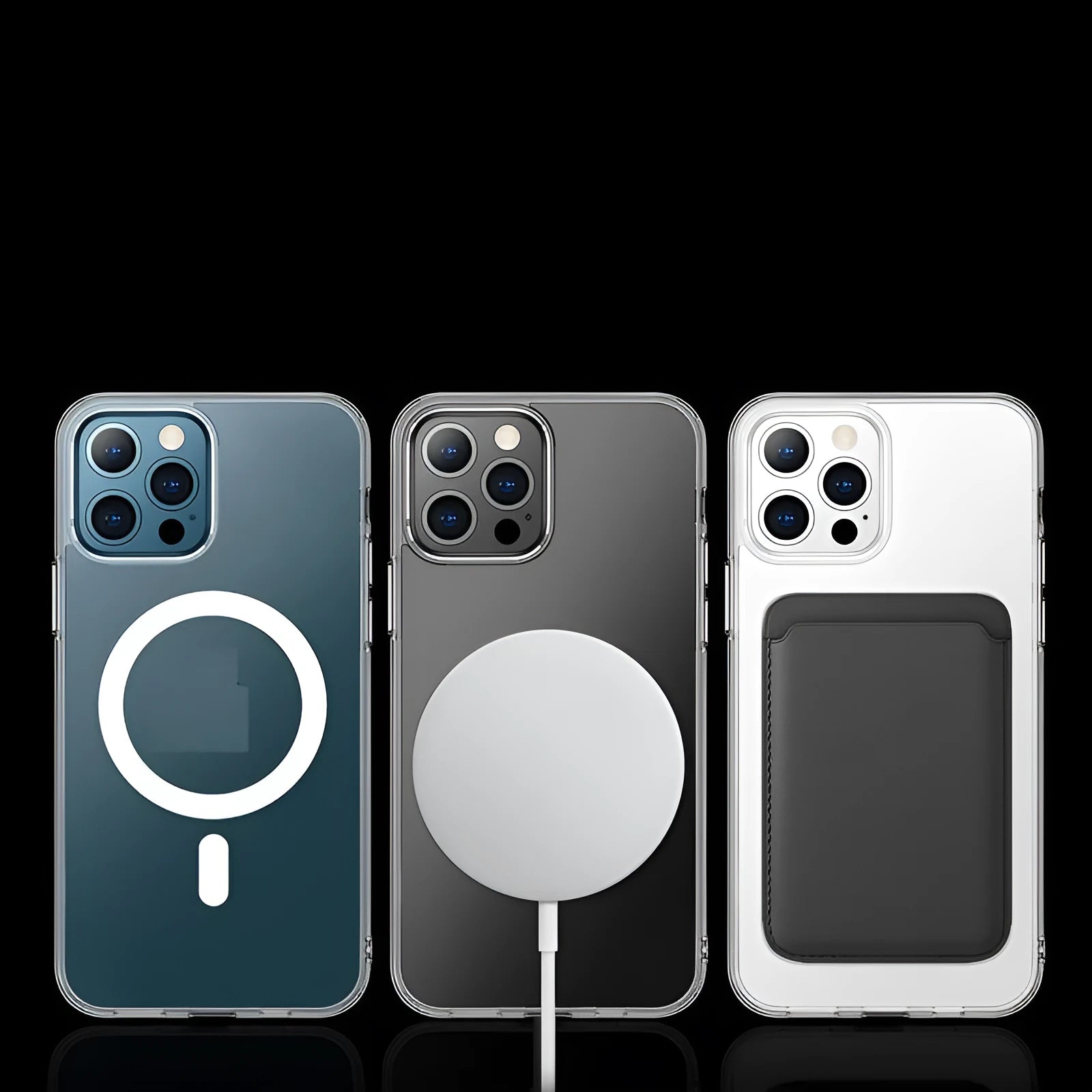 Transparent magnetic back cover case for iPhone showing integrated magnet ring and precise cutouts.