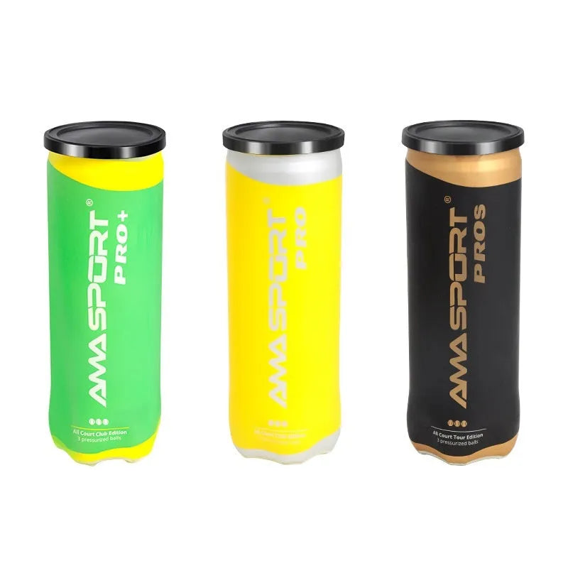 Three cage plate tennis training balls in black, green, and yellow colours