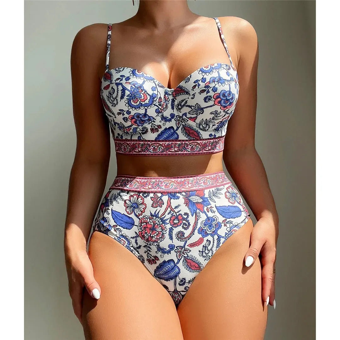 Blue women's high-waisted push-up bikini swimsuit with sleeveless design for swimming