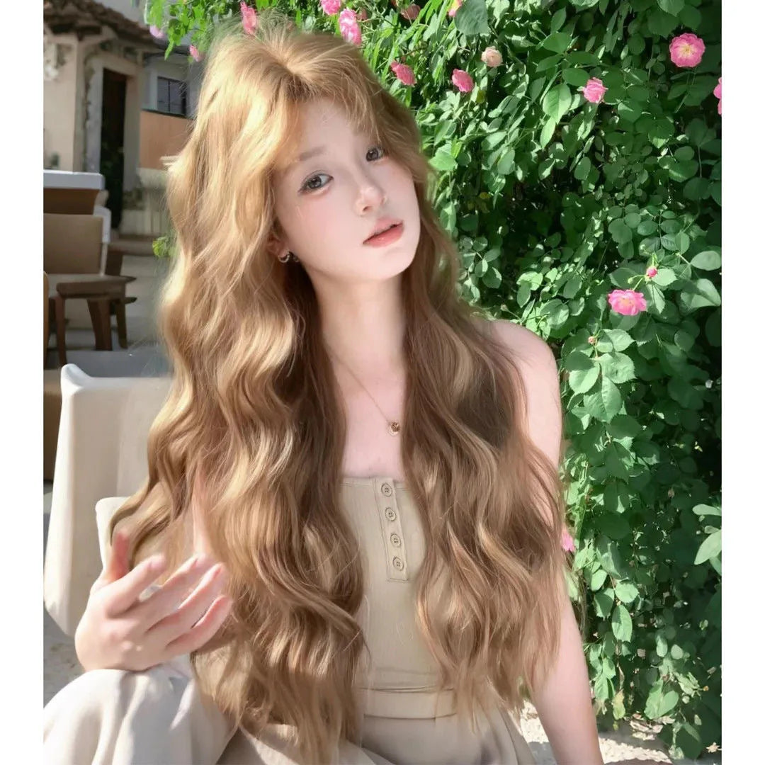 Linen brown synthetic wig with medium long curly hairstyle and hair net
