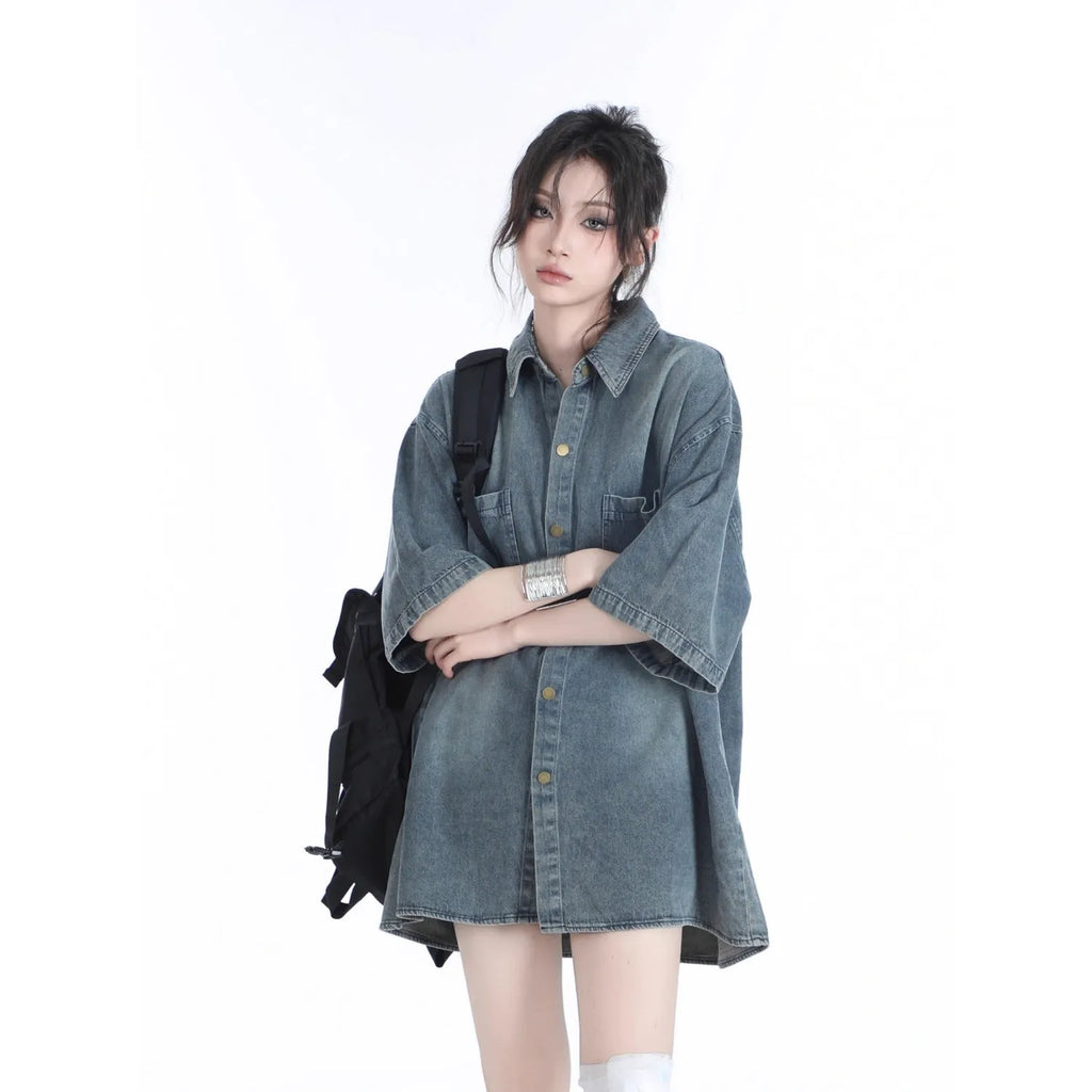 American retro heavy wash denim-look short sleeve colour block top in black or blue, sizes M to 3XL
