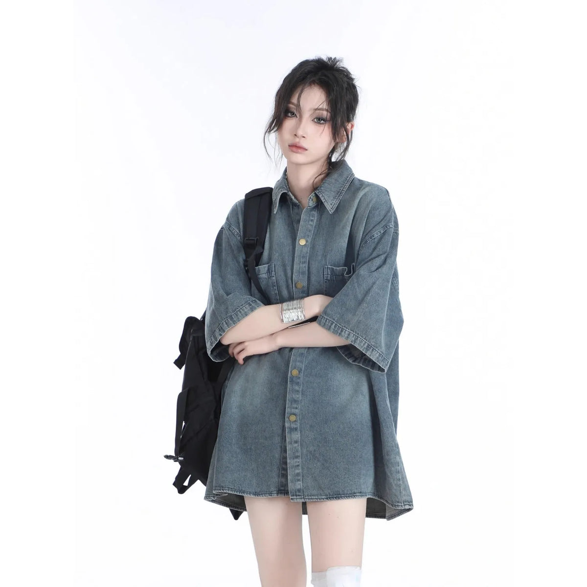 American retro heavy wash denim-look short sleeve colour block top in black or blue, sizes M to 3XL