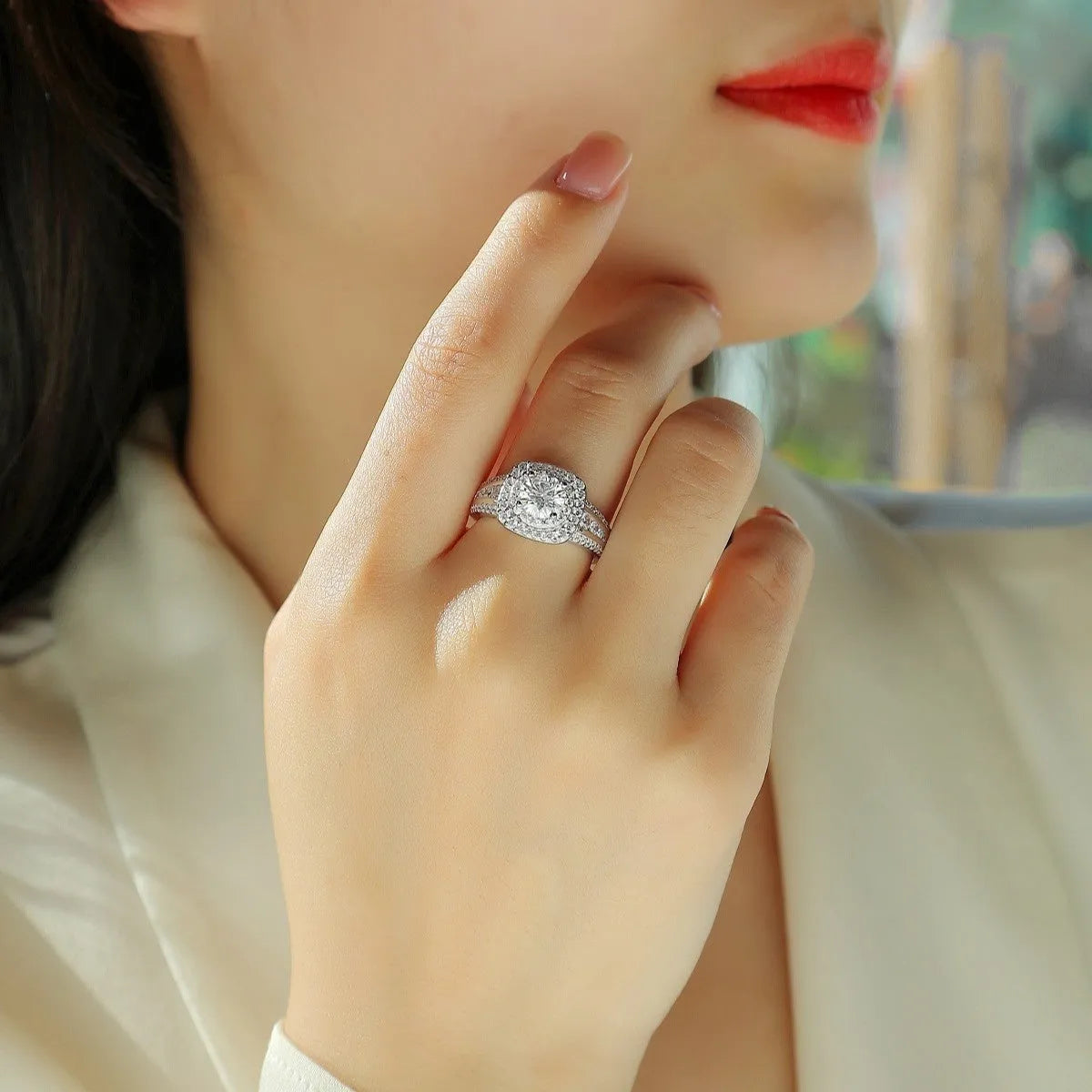 Silver moissanite ring with round inlaid stone and geometric design, shown in US sizes 5 to 9 with optional GRA certificate
