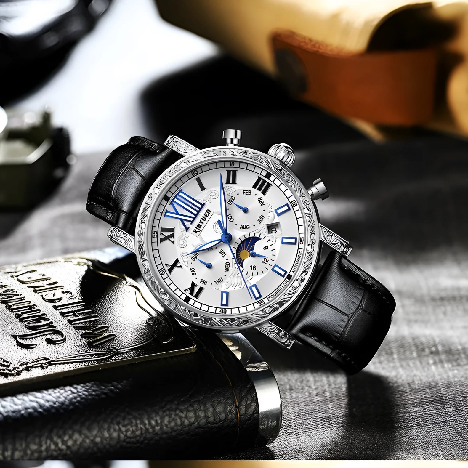 Men's automatic mechanical watch with hollow flywheel, night glow, lunar phase, and calendar on a brown leather strap
