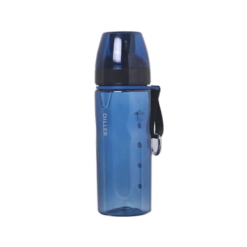 Chinese-style blue portable sports water bottle with integrated tea compartment and removable filter on a grey background.