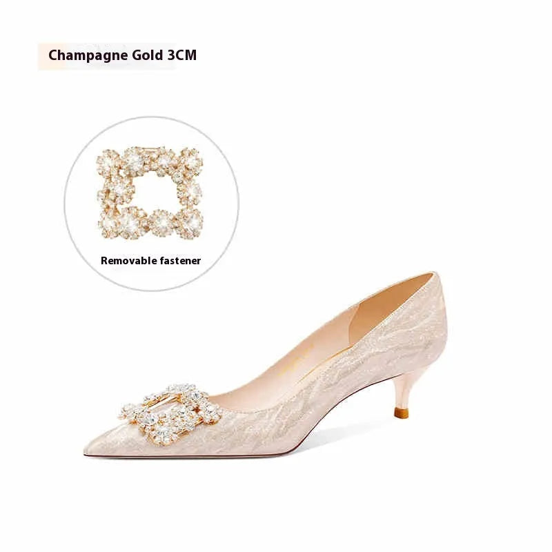 Champagne gold women's high heels with pointed toe and stiletto heel on white background