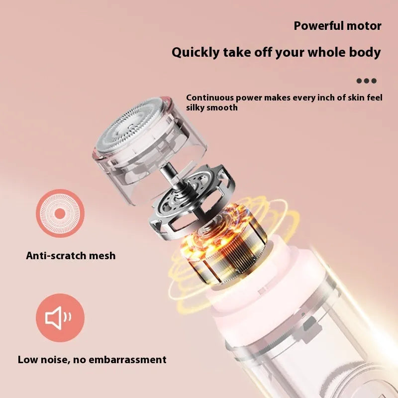 Pink and white portable electric body hair trimmer with USB cable on a white background