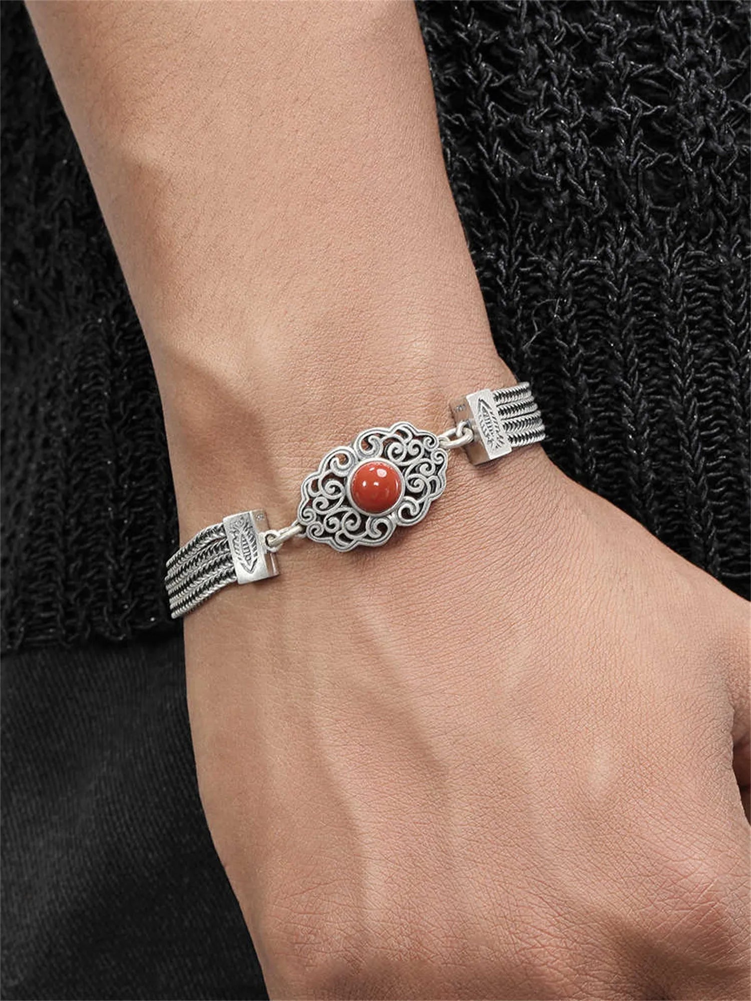 925 sterling silver vintage bracelet with gem inlay, celestial star and moon pattern, 17cm with 4cm extended chain, Xiangyun style