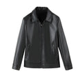 Men's black loose-fit PU leather casual jacket with zipper pockets.