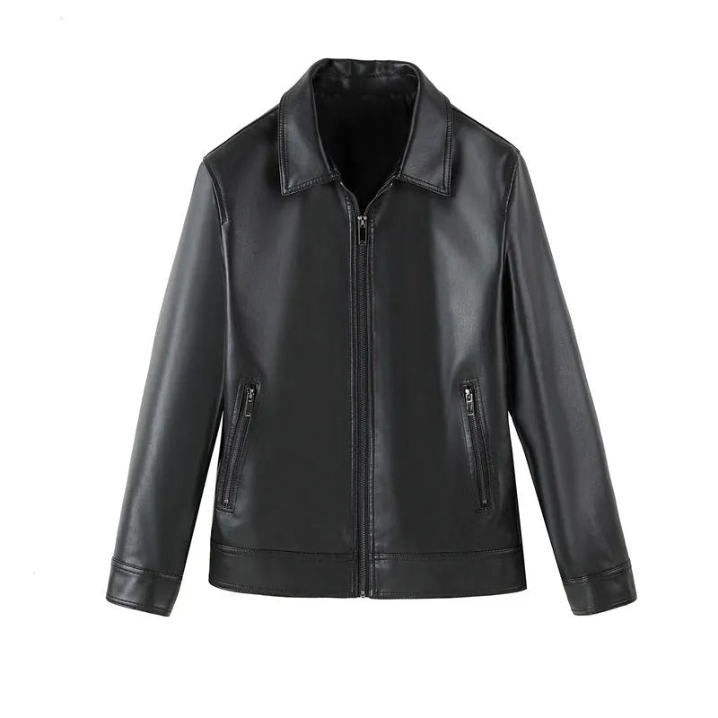Men's black loose-fit PU leather casual jacket with zipper pockets.