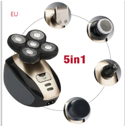 5-in-1 multifunctional electric shaver black gold with floating blades, rechargeable, IPX7 waterproof