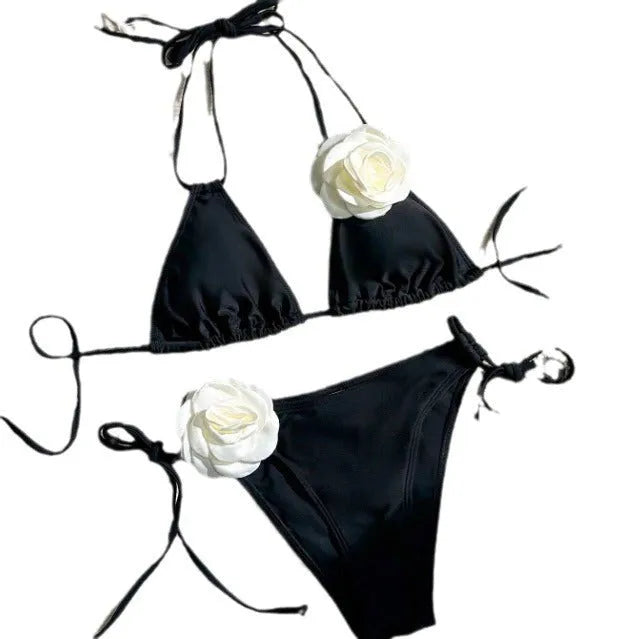 Black 3D flower lace bikini swimsuit with drawstring details and backless design