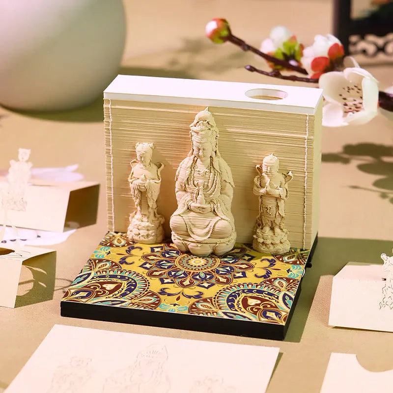 Seated Lotus Guanyin 3D paper carving calendar with Wealth Boy, 2026 English calendar, light version retro style