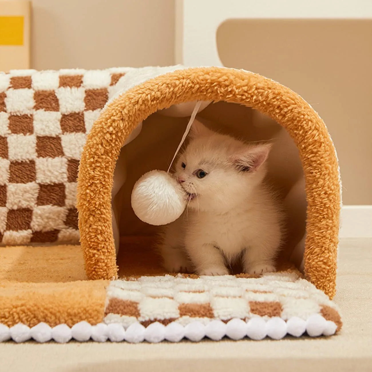 XL yellow plush pet bed with a connected tunnel and granular anti-slip base.
