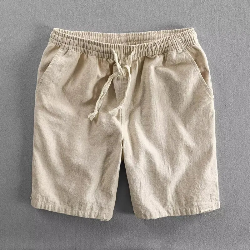 Men's ramie beach casual loose shorts in straight cut design with fifth pants length