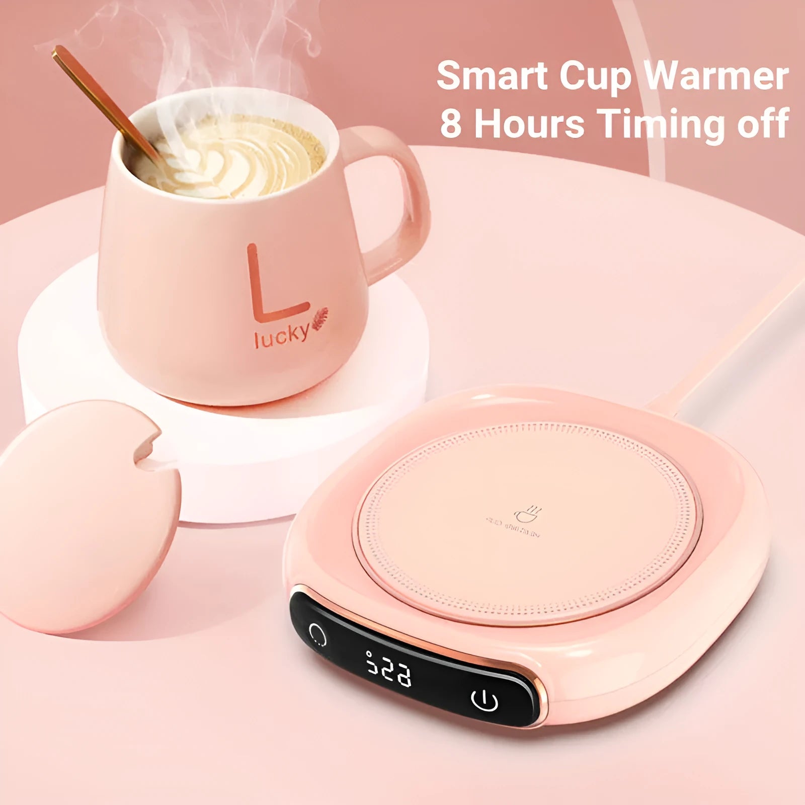 USB coffee mug warmer in M316 white on a desk with a mug placed on it, 130x110x23mm