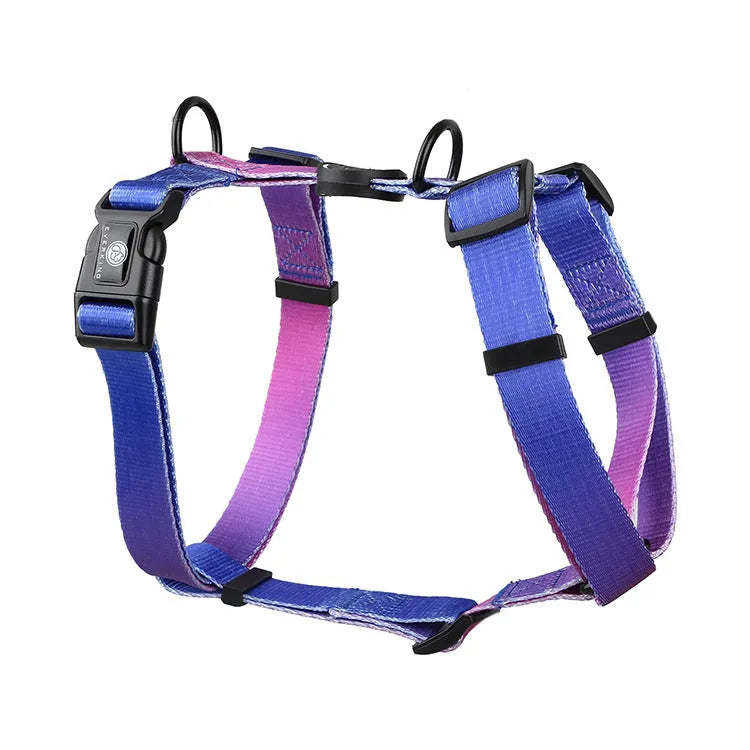 Adjustable polyester dog harness with gradient colour chest strap in scenic design