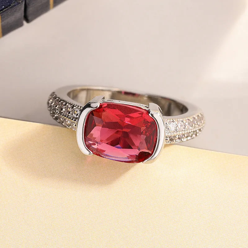 Square heart ring for women with red corundum and zircon stones on an electroplated copper band, sizes 6-10