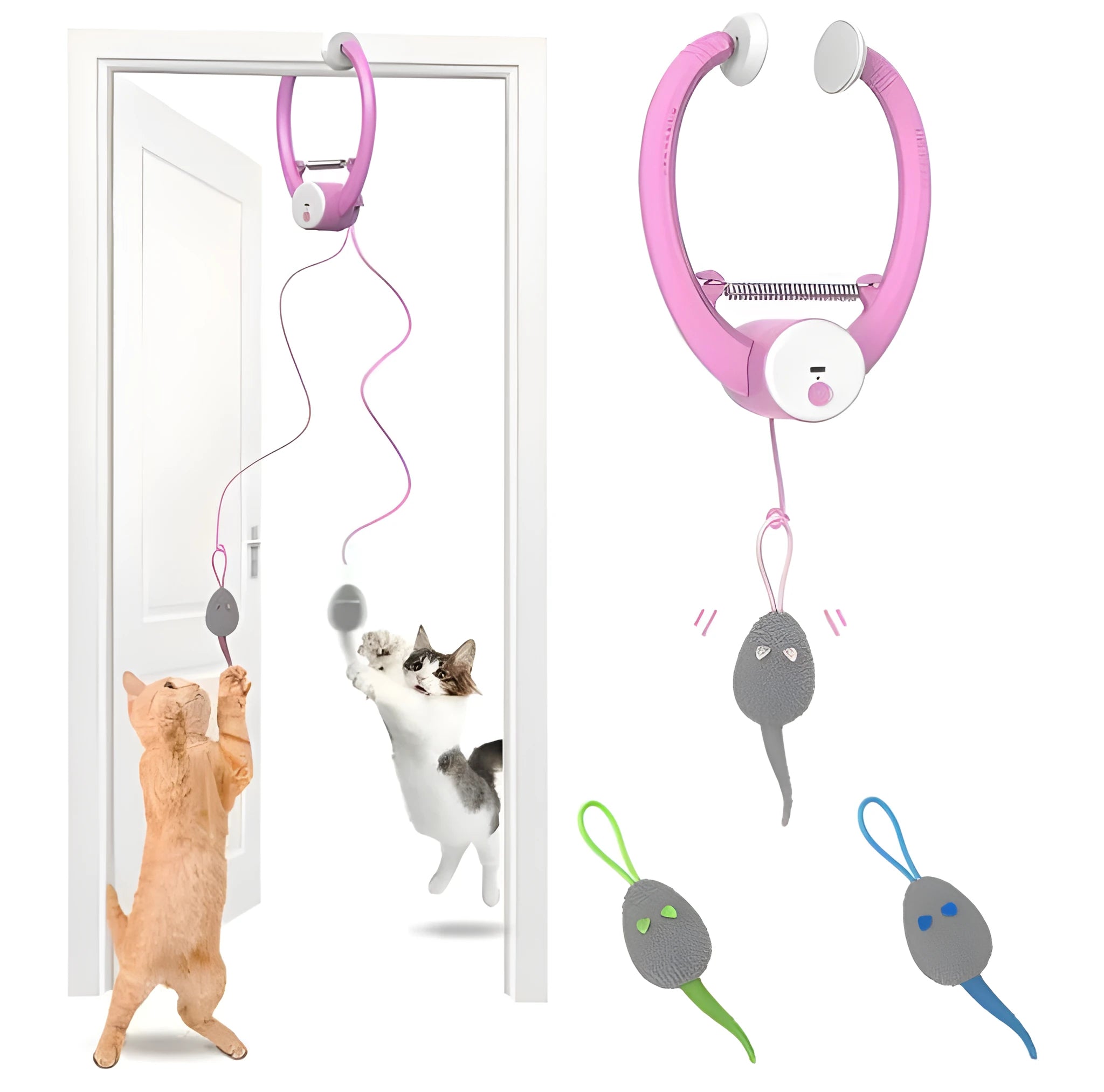 Electric beating mouse cat toy hanging from door holder in pink plastic