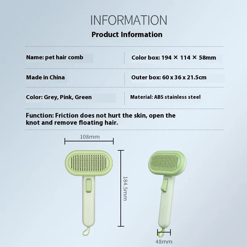 Large pet hair removal comb with stainless steel blade and one-click shaver for cats and dogs in light grey colour