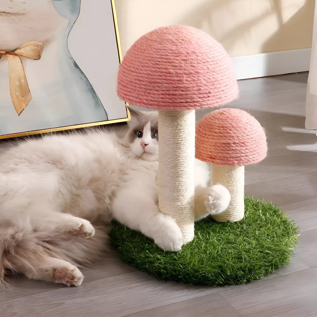 Pink mushroom-shaped cat scratching post with natural sisal caps for kittens and small cats