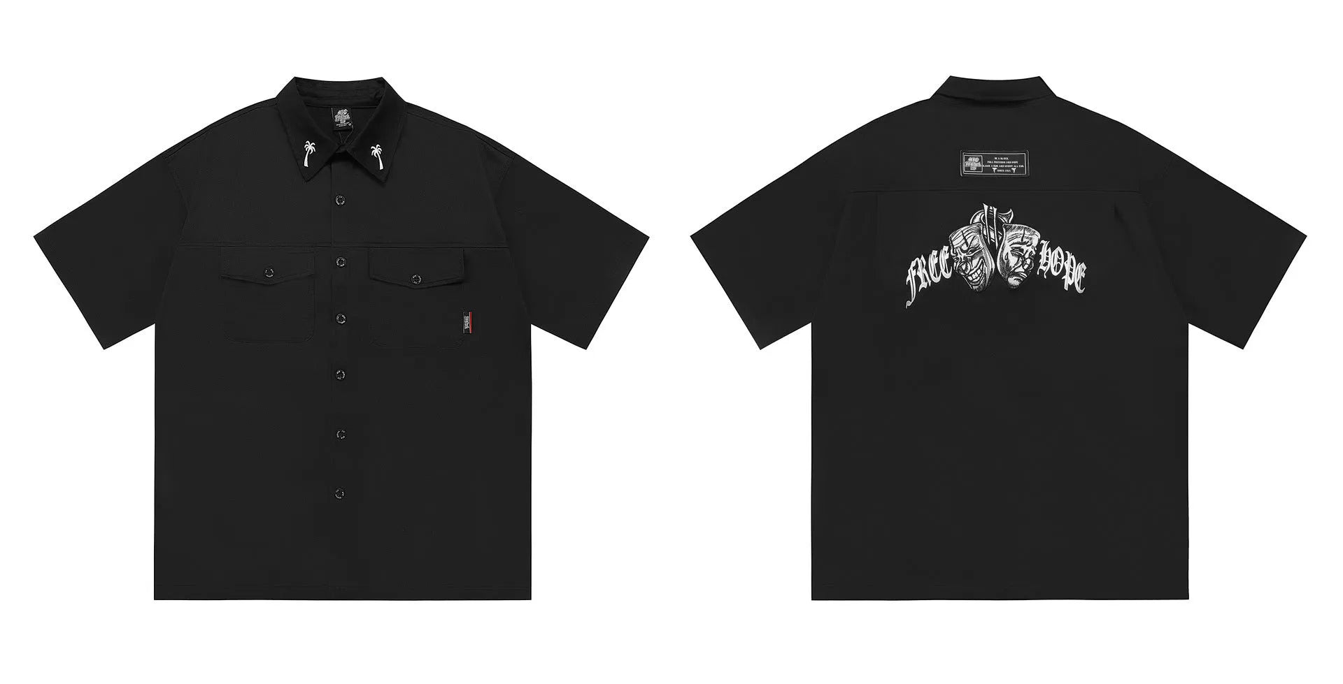 Men's loose fit black embroidered half-sleeve work shirt on a hanger.