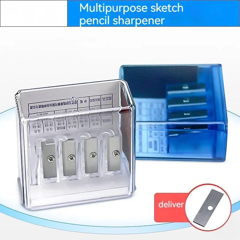 A boxed set containing 288 geometric-shaped, four-hole plastic pencil sharpeners for colouring and sketching.