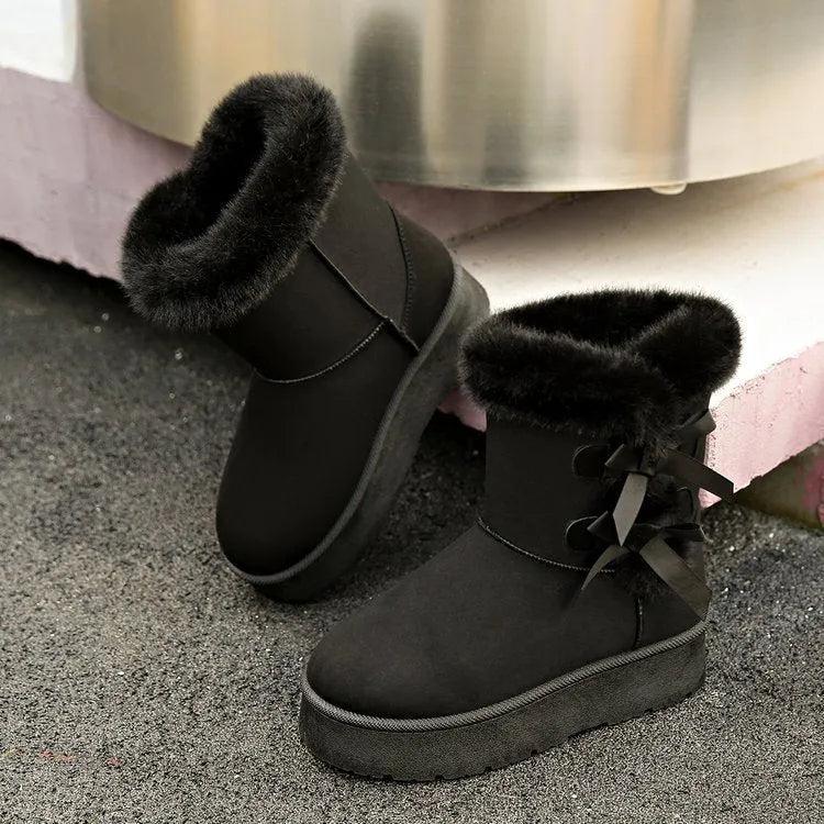 Women's bow retro fleece lined thickened ankle boots in suede with flat heel black beige brown