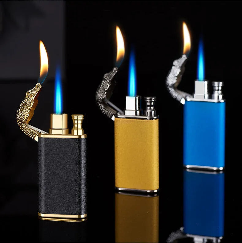 Creative blue flame lighter with windproof double fire and novelty dragon design, metal body