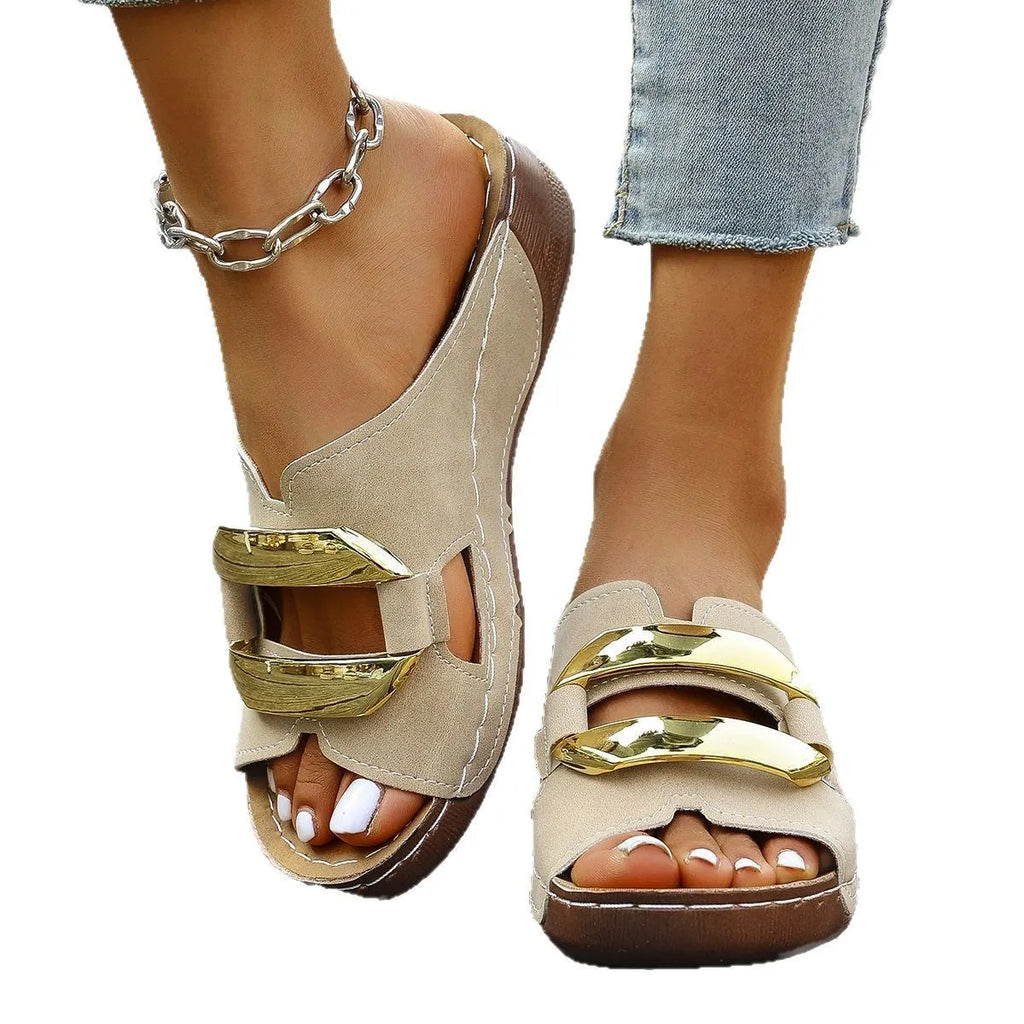 Women's Roman style platform sandals in white, black, khaki, and sea blue on a solid background.
