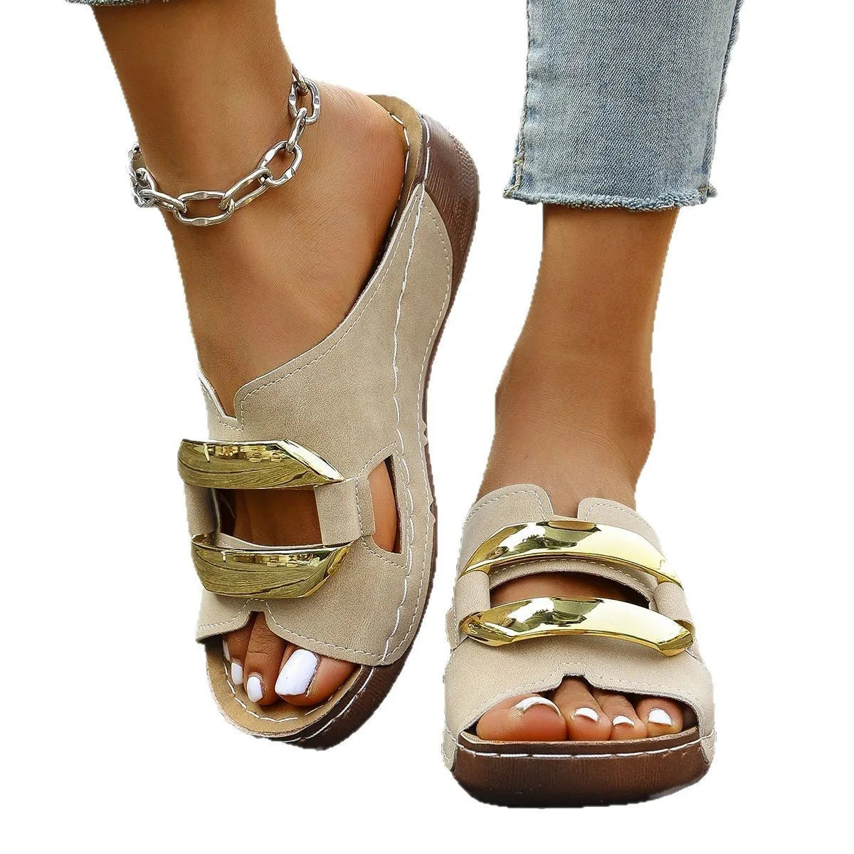 Women's Roman style platform sandals in white, black, khaki, and sea blue on a solid background.