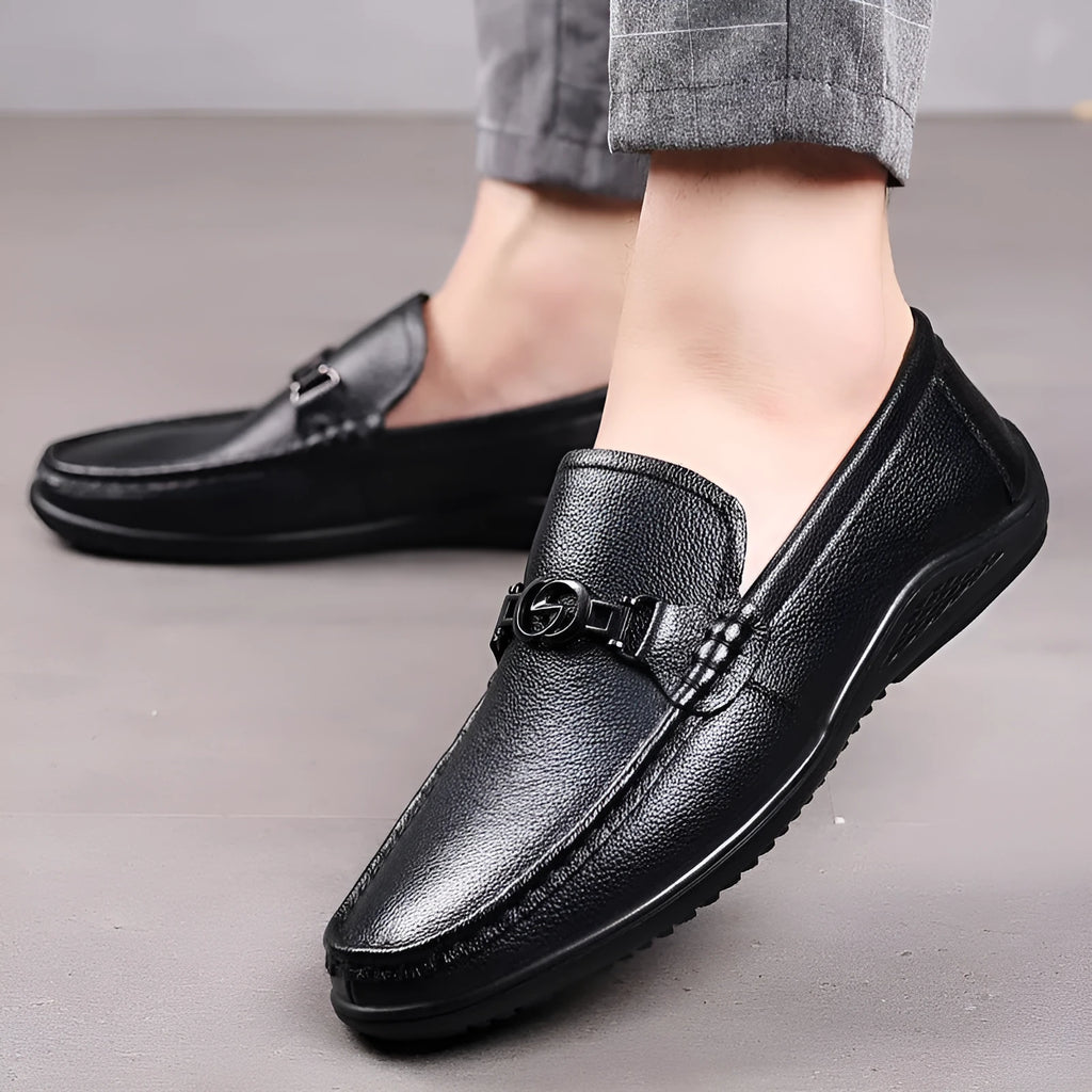 Men's leather casual shoes with rubber sole, round toe, breathable design, black or brown, sizes 38 to 48