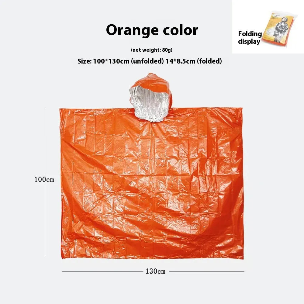 Orange and army green waterproof raincoat poncho laid flat, showing its 100x130cm size for outdoor use.