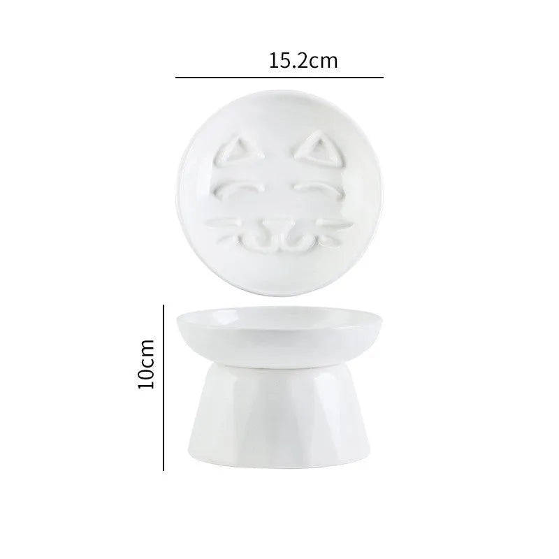 Ceramic tall cat bowl in neutral colour with raised design to protect spine during feeding