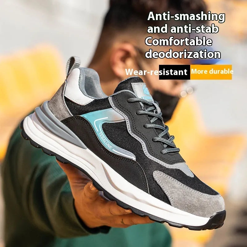 Men's low-top lace-up work shoes in suede and mesh with a plastic steel toe cap.