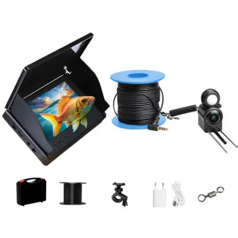 HD underwater fishing camera with screen, temperature sensor, and night vision lights on a cable.