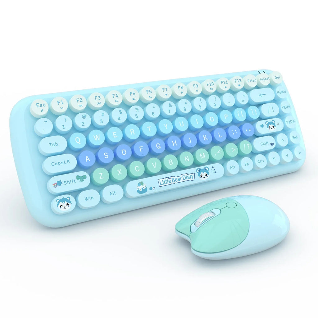 Pink cartoon wireless keyboard and mouse set with compact 43.5cm keyboard dimensions