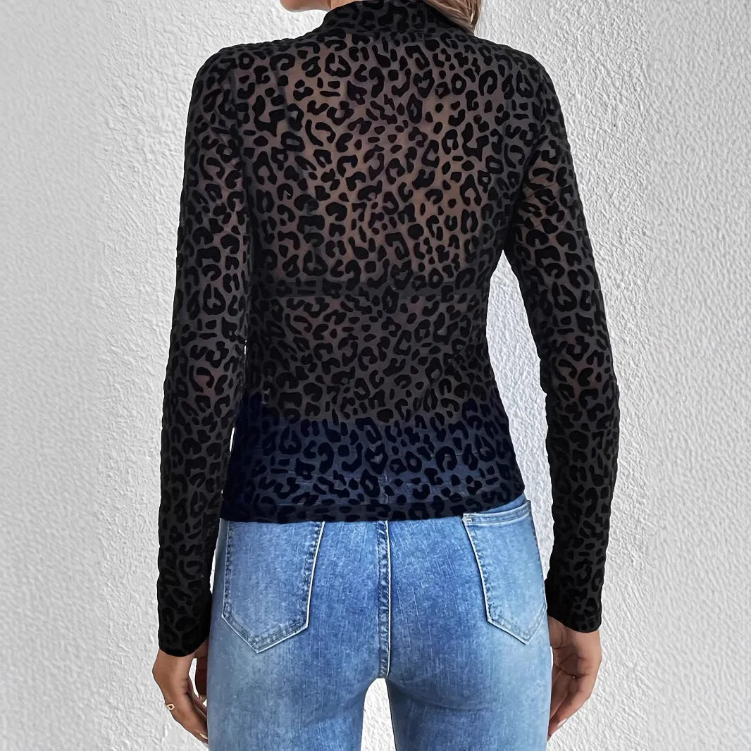 Women's solid colour polyester mesh pullover top with stand collar and regular sleeves in black