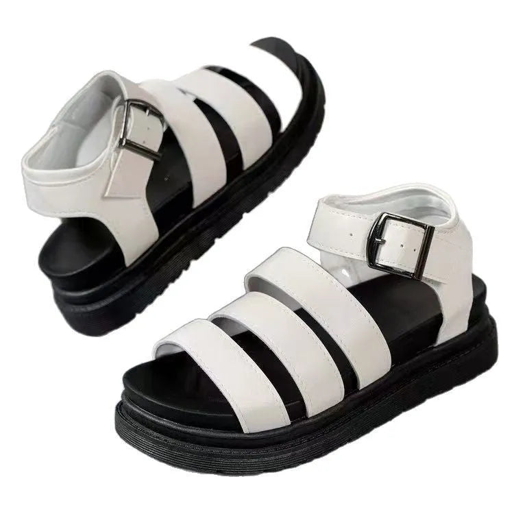 Women's adjustable buckle strap beach sandals with thick rubber sole in black, white, or orange colours
