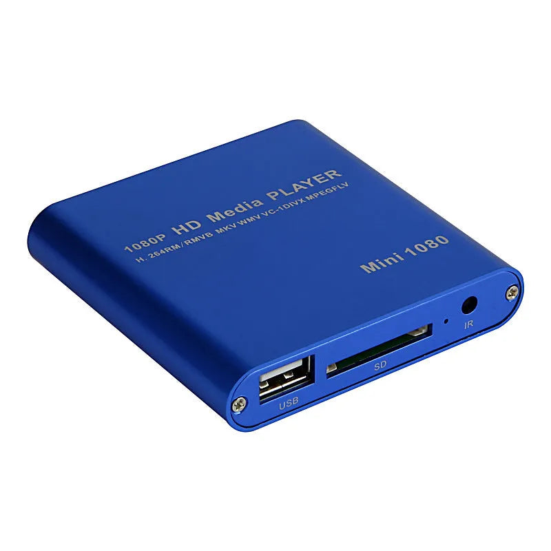 Blue or black 1080p HD media player with SD card and USB ports for video playback