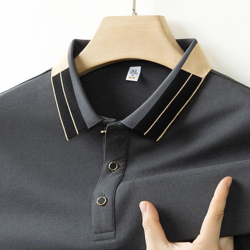 Men's casual solid colour polyester pullover top with lapel short sleeves, regular fit, neutral colours for summer
