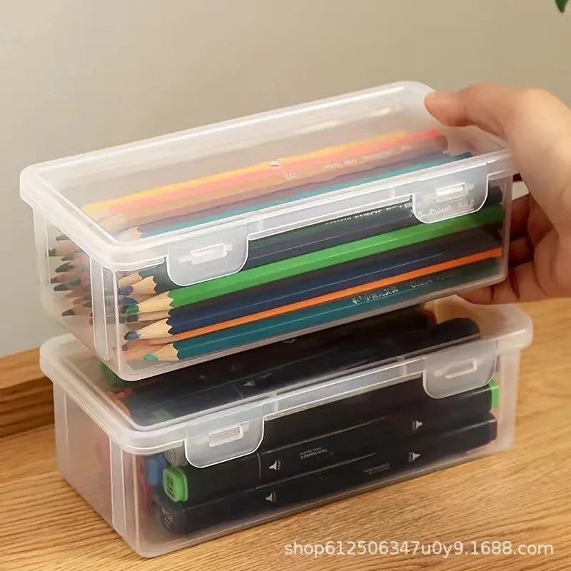 PP plastic transparent stationery storage box showing capacity for pencils and art supplies